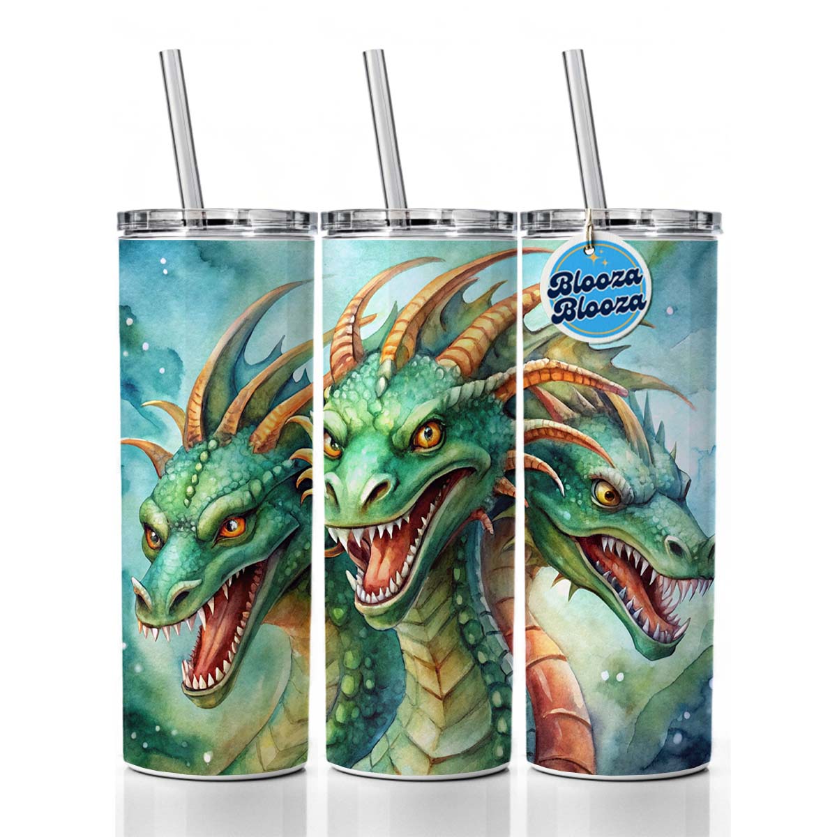 Fantasy Hydra Heads Mythical Monster Watercolor Skinny Tumbler 20oz with Straw Insulated Water Bottle Gift