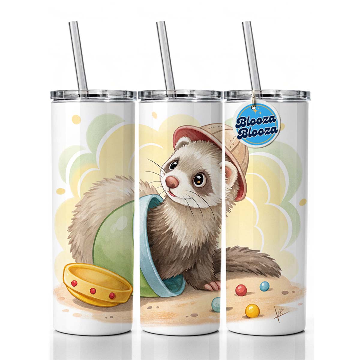 Ferret Children's Illustration Style Skinny Tumbler 20oz with Straw Insulated Water Bottle Gift