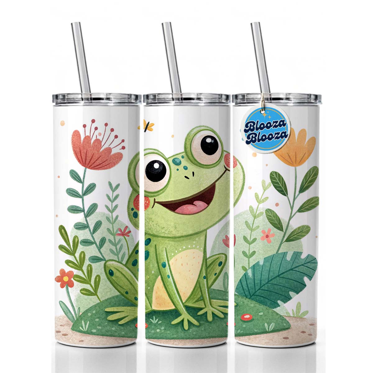 Frog Children's Illustration Style Skinny Tumbler 20oz with Straw Insulated Water Bottle Gift