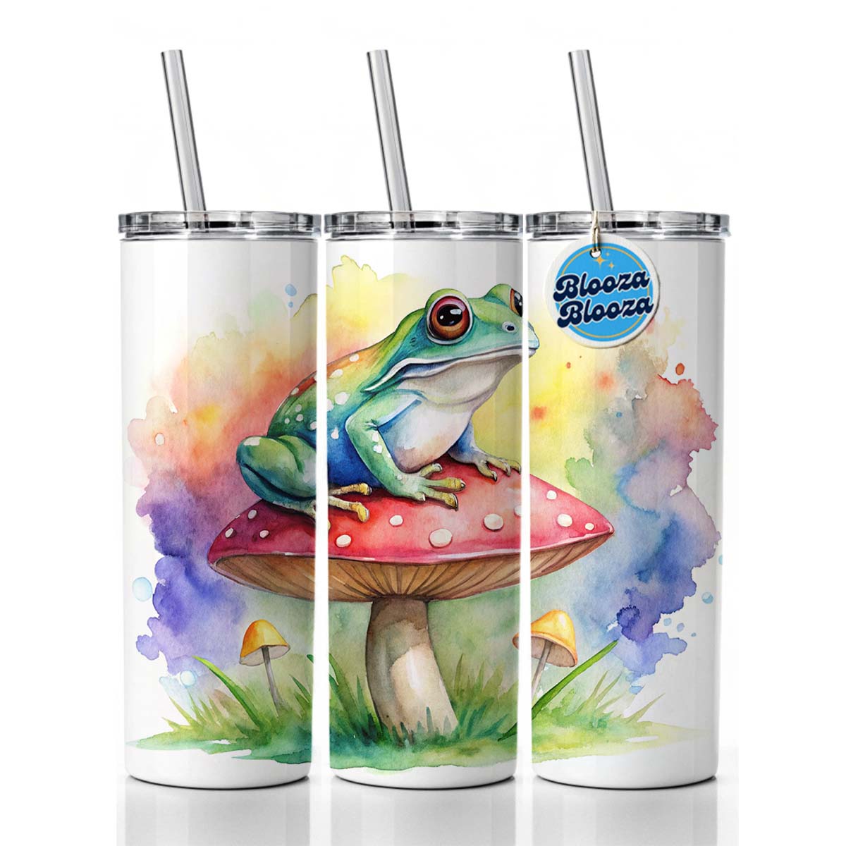 Frog Sitting On A Magical Mushroom Watercolor Skinny Tumbler 20oz with Straw Insulated Water Bottle Gift