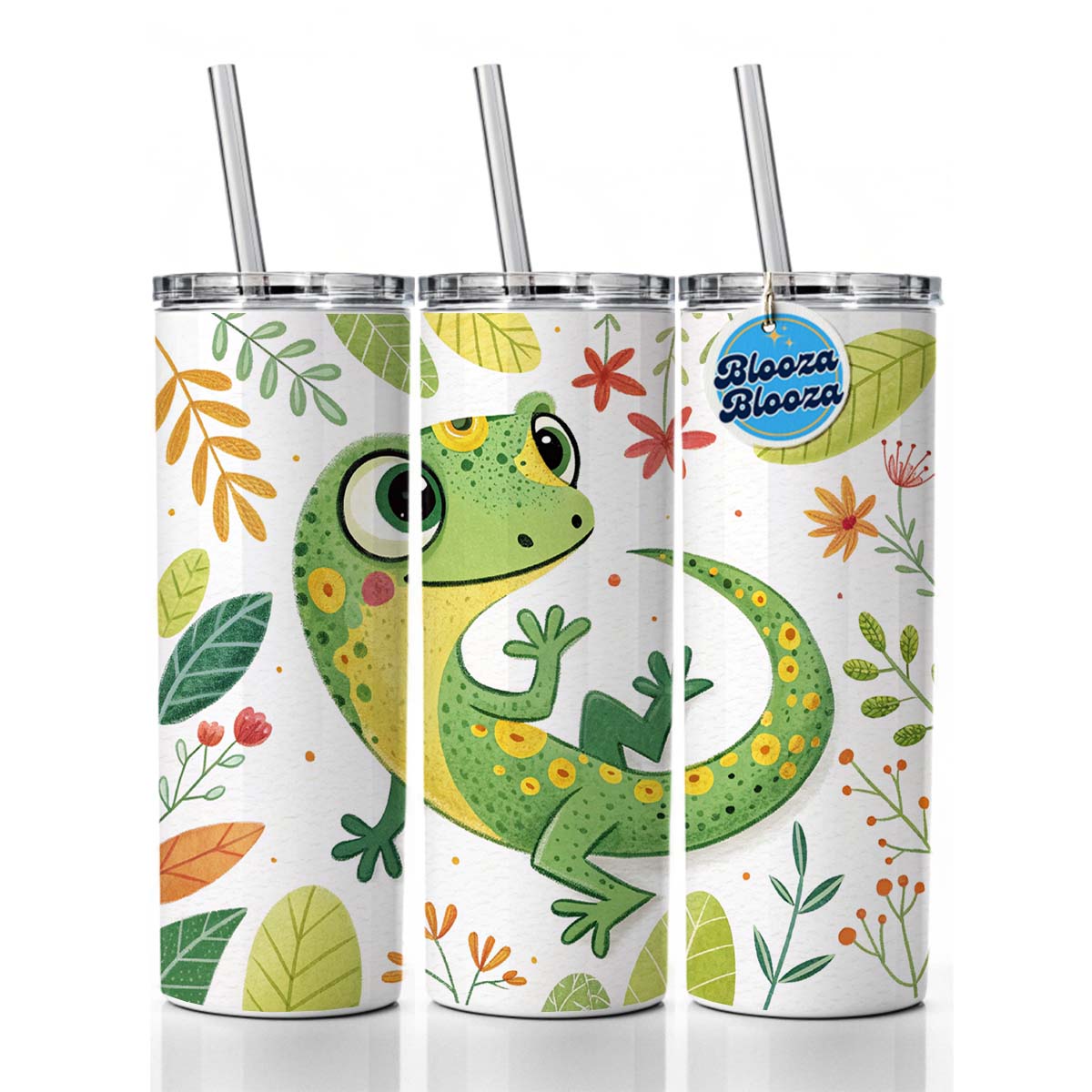 Gecko Lizard Children's Illustration Style Skinny Tumbler 20oz with Straw Insulated Water Bottle Gift