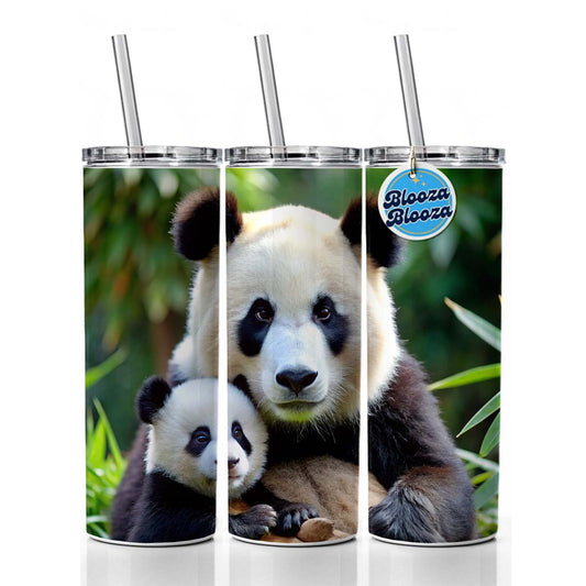 Giant Panda Mother With Baby Skinny Tumbler 20oz with Straw Insulated Water Bottle Gift