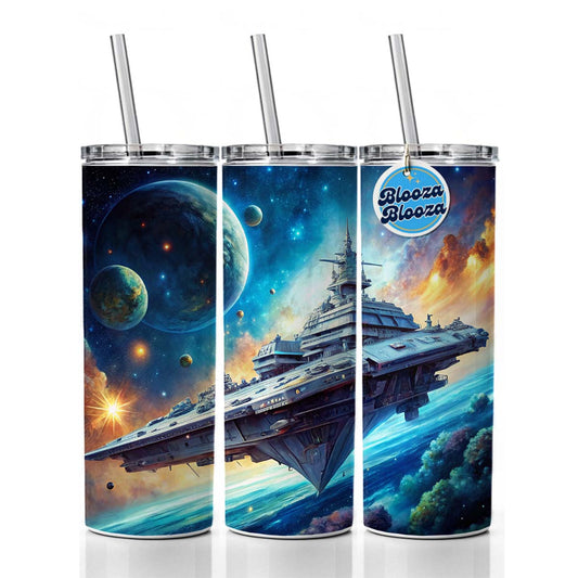 Giant Sci-Fi Warship In Space Watercolor Skinny Tumbler 20oz with Straw Insulated Water Bottle Gift