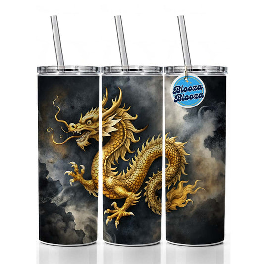 Gold Asian Dragon Watercolor Skinny Tumbler 20oz with Straw Insulated Water Bottle Gift