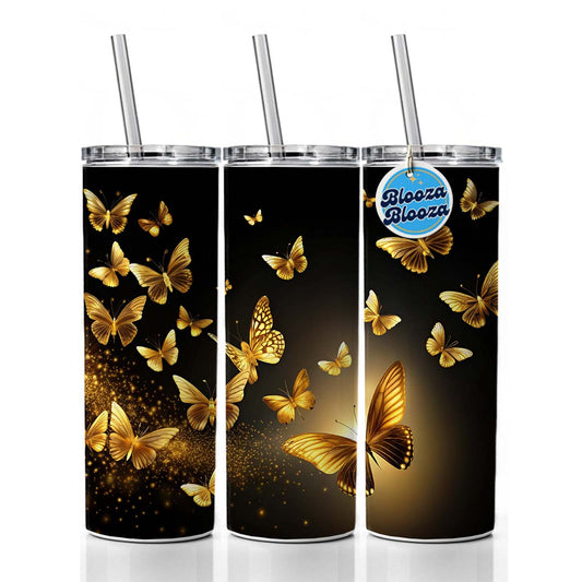 Gold Butterflies Flying Skinny Tumbler 20oz with Straw Insulated Water Bottle Gift