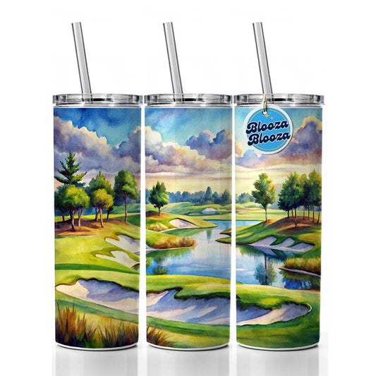 Golf Course With Sand Traps And Lake Watercolor Skinny Tumbler 20oz with Straw Insulated Water Bottle Gift