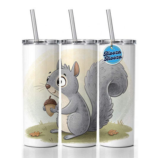 Gray Squirrel Children's Illustration Style Skinny Tumbler 20oz with Straw Insulated Water Bottle Gift