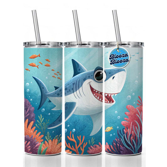 Great White Shark Children's Illustration Style Skinny Tumbler 20oz with Straw Insulated Water Bottle Gift