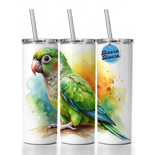 Green Conure Parakeet Bird Watercolor Skinny Tumbler 20oz with Straw Insulated Water Bottle Gift
