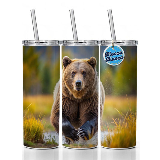 Grizzly Bear Chasing You Skinny Tumbler 20oz with Straw Insulated Water Bottle Gift