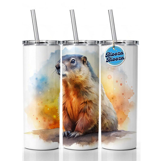 Groundhog Watercolor Skinny Tumbler 20oz with Straw Insulated Water Bottle Gift