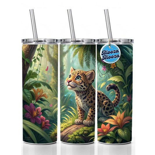 Jaguar Cat In Jungle Children's Illustration Style Skinny Tumbler 20oz with Straw Insulated Water Bottle Gift