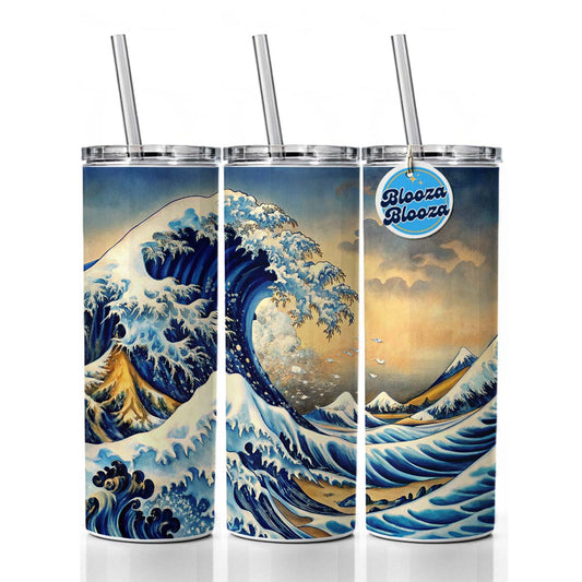 Japanese Blue Ocean Waves Ink Painting Skinny Tumbler 20oz with Straw Insulated Water Bottle Gift