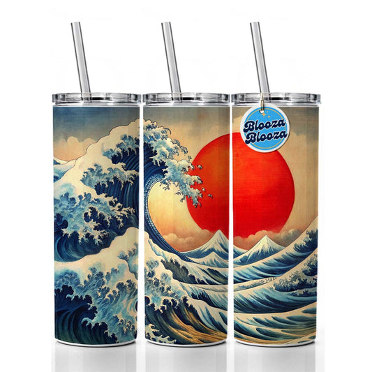 Japanese Blue Ocean Waves Large Red Sun Ink Painting Skinny Tumbler 20oz with Straw Insulated Water Bottle Gift