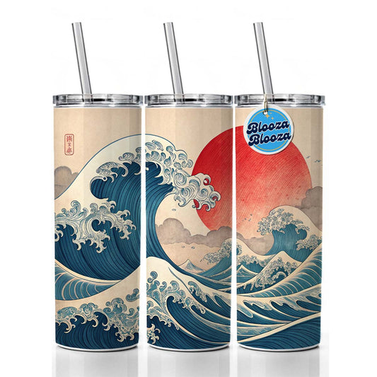 Japanese Blue Ocean Waves Large Sun Skinny Tumbler 20oz with Straw Insulated Water Bottle Gift