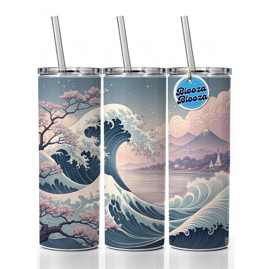Japanese Blue Pink Ocean Waves and Sakura Blossoms Skinny Tumbler 20oz with Straw Insulated Water Bottle Gift