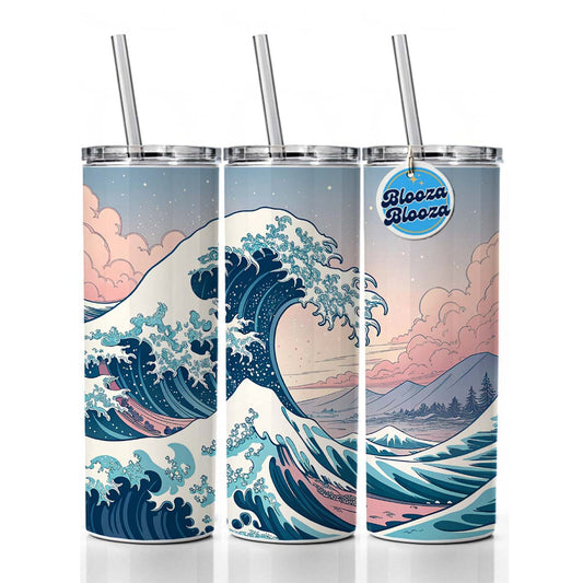 Japanese Blue Pink Ocean Waves Skinny Tumbler 20oz with Straw Insulated Water Bottle Gift