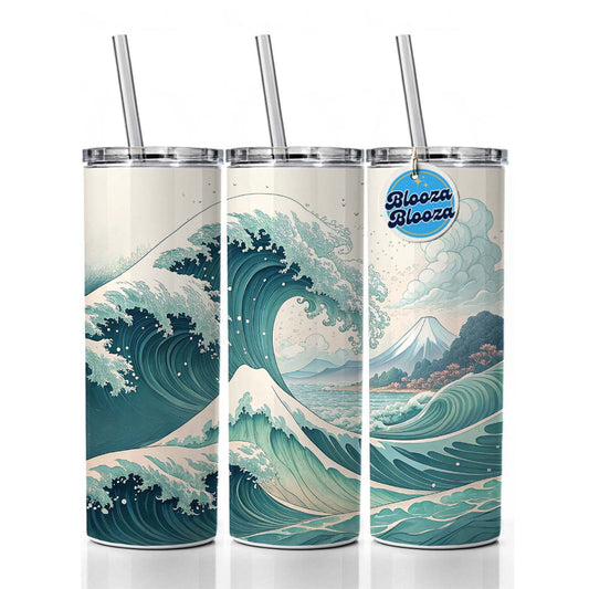 Japanese Ocean Waves Cartoon Skinny Tumbler 20oz with Straw Insulated Water Bottle Gift