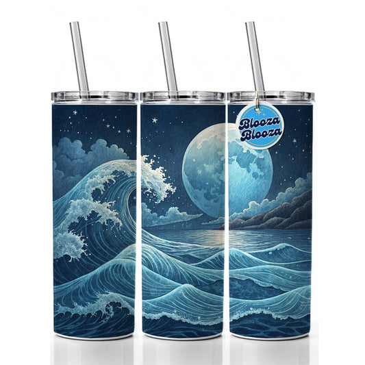 Japanese Ocean Waves Under Large Moon Skinny Tumbler 20oz with Straw Insulated Water Bottle Gift