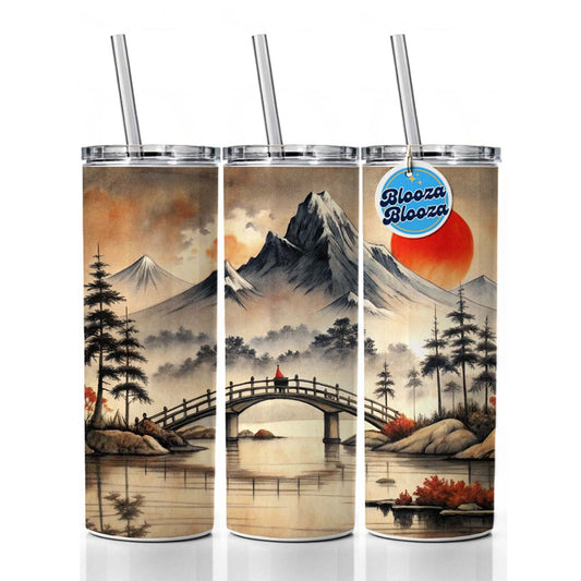 Japanese Style Ink Painting Bridge Over Water Landscape Skinny Tumbler 20oz with Straw Insulated Water Bottle Gift