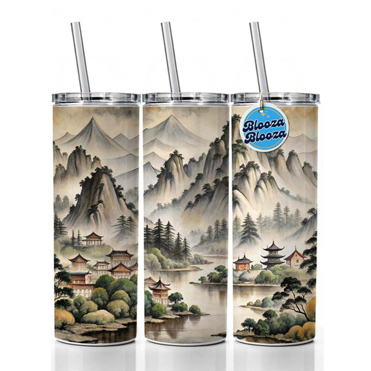 Japanese Style Ink Painting Lake and Mountains Landscape Skinny Tumbler 20oz with Straw Insulated Water Bottle Gift