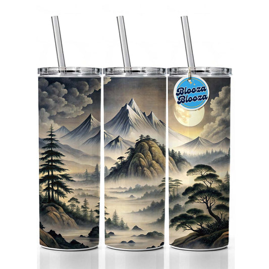 Japanese Style Ink Painting Landscape Misty Mountains Large Moon Skinny Tumbler 20oz with Straw Insulated Water Bottle Gift
