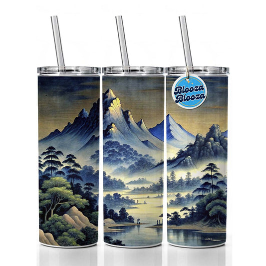 Japanese Style Ink Painting Landscape Mountains At Night Skinny Tumbler 20oz with Straw Insulated Water Bottle Gift