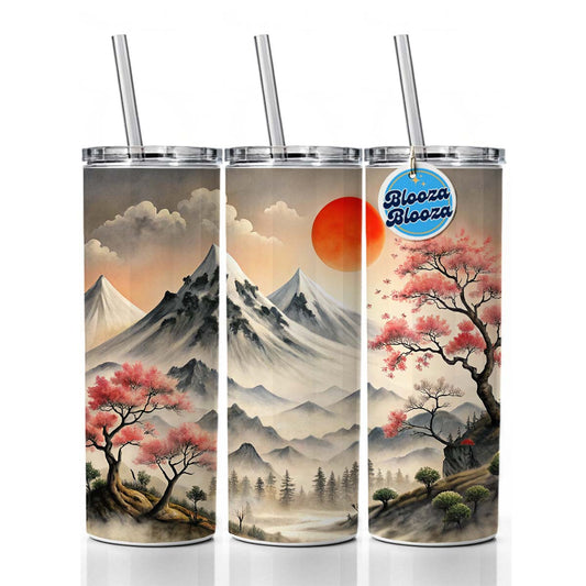 Japanese Style Ink Painting Landscape Mountains Under Red Sun  Skinny Tumbler 20oz with Straw Insulated Water Bottle Gift