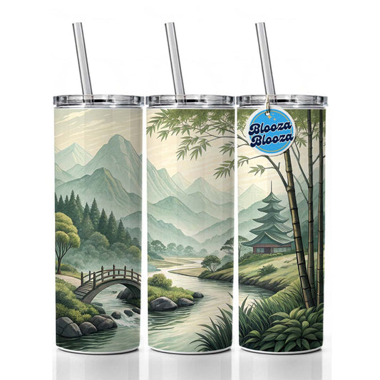 Japanese Style Ink Painting Landscape Skinny Tumbler 20oz with Straw Insulated Water Bottle Gift