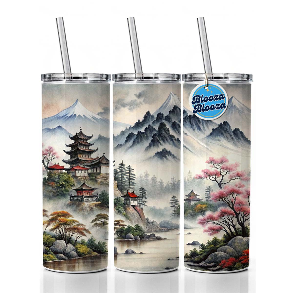 Japanese Style Ink Painting Mountain Landscape Skinny Tumbler 20oz with Straw Insulated Water Bottle Gift