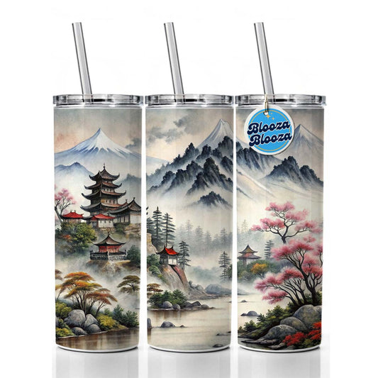 Japanese Style Ink Painting Mountain Landscape Skinny Tumbler 20oz with Straw Insulated Water Bottle Gift