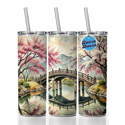 Japanese Style Ink Painting Sakura Trees Bridge Water Landscape Skinny Tumbler 20oz with Straw Insulated Water Bottle Gift