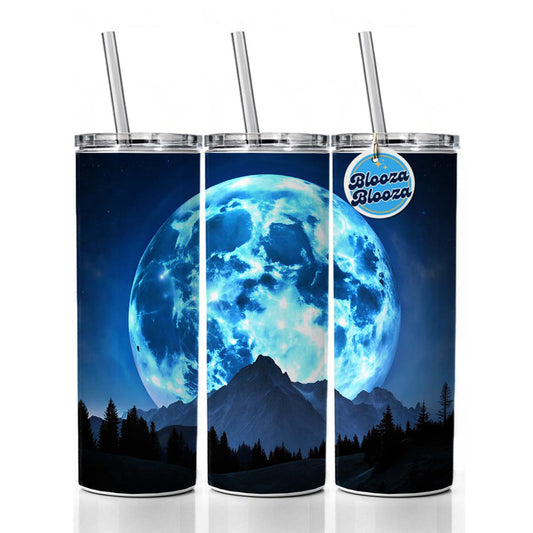 Large Blue Moon Over Mountain Range Skinny Tumbler 20oz with Straw Insulated Water Bottle Gift