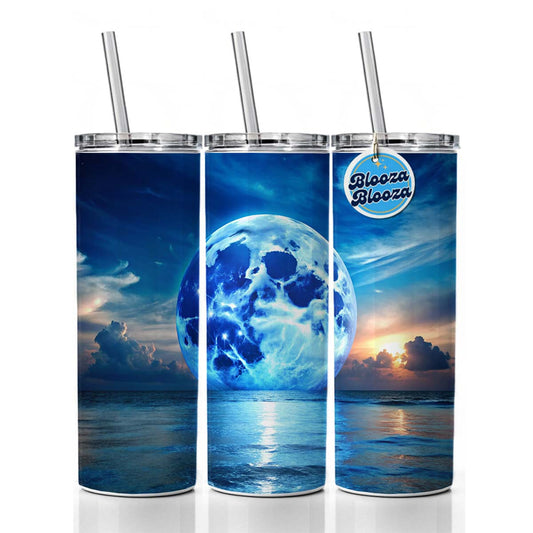 Large Blue Moon Over The Ocean Horizon Skinny Tumbler 20oz with Straw Insulated Water Bottle Gift