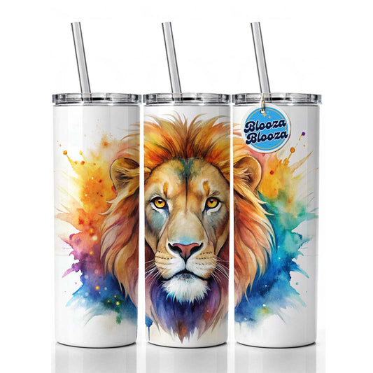 Lion Face Watercolor Skinny Tumbler 20oz with Straw Insulated Water Bottle Gift