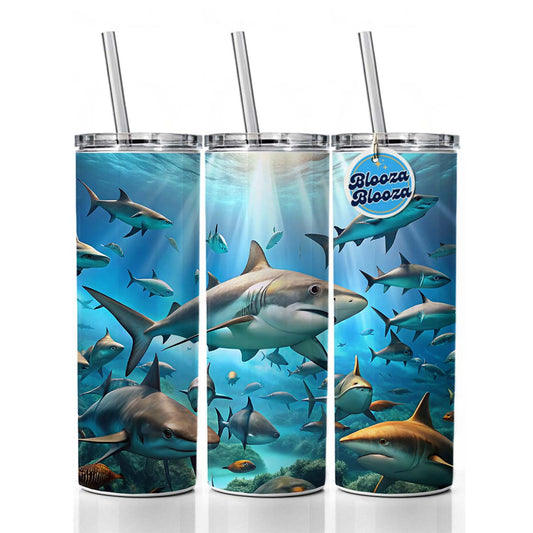 Lots Of Swimming Sharks Skinny Tumbler 20oz with Straw Insulated Water Bottle Gift
