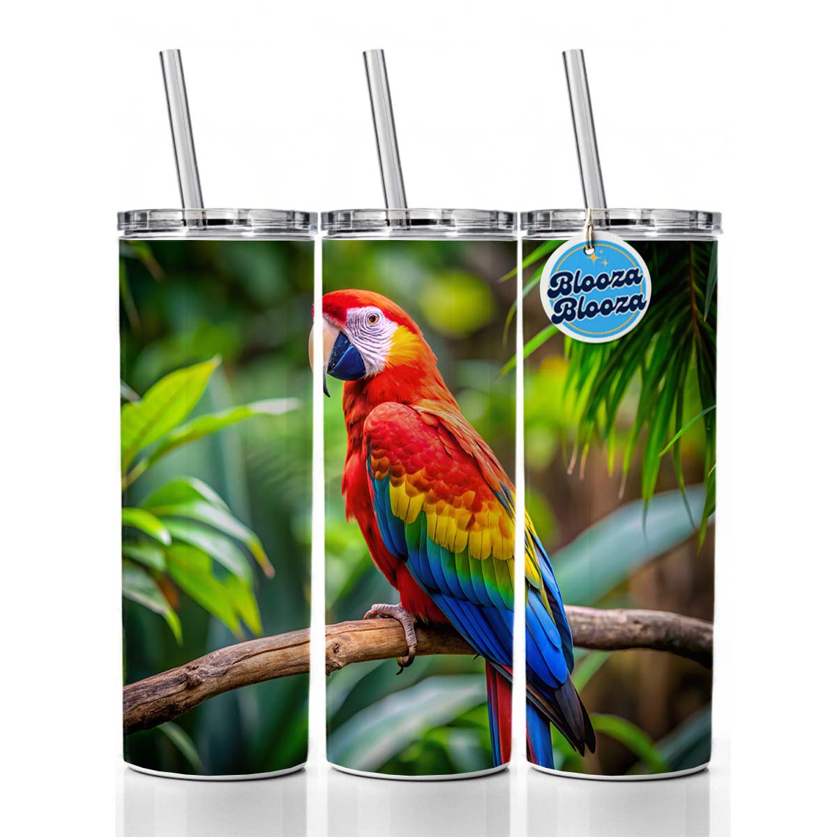 Macaw Parrot Bird On Branch Skinny Tumbler 20oz with Straw Insulated Water Bottle Gift