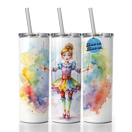 Marionette Puppet on Strings Watercolor Skinny Tumbler 20oz with Straw Insulated Water Bottle Gift
