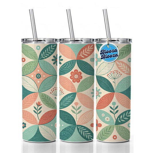 Mid-Century Flower Leaf Pattern Design Skinny Tumbler 20oz with Straw Insulated Water Bottle Gift