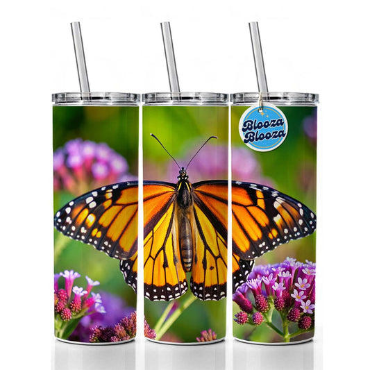 Monarch Butterfly Skinny Tumbler 20oz with Straw Insulated Water Bottle Gift