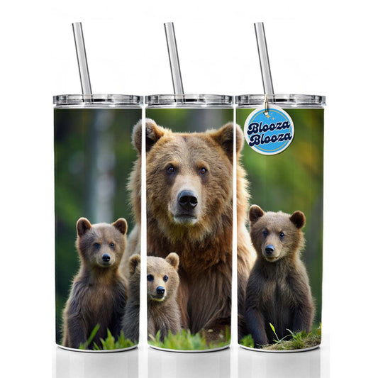 Mother Bear With Cubs Skinny Tumbler 20oz with Straw Insulated Water Bottle Gift