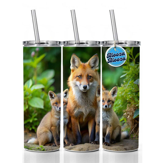 Mother Fox And Pups Skinny Tumbler 20oz with Straw Insulated Water Bottle Gift
