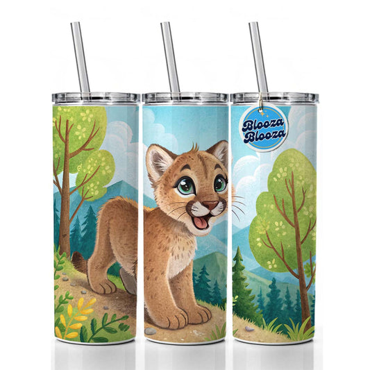 Mountain Lion Cougar Children's Illustration Style Skinny Tumbler 20oz with Straw Insulated Water Bottle Gift