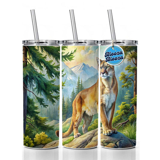Mountain Lion Cougar In Woods Watercolor Skinny Tumbler 20oz with Straw Insulated Water Bottle Gift