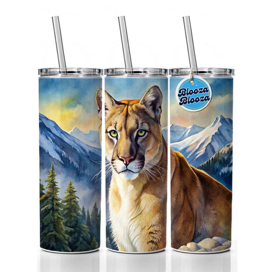 Mountain Lion Cougar Watercolor Skinny Tumbler 20oz with Straw Insulated Water Bottle Gift