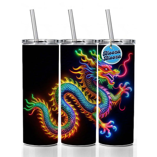 Neon Asian Dragon Skinny Tumbler 20oz with Straw Insulated Water Bottle Gift