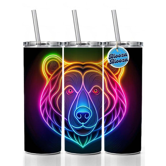 Neon Bear Face Skinny Tumbler 20oz with Straw Insulated Water Bottle Gift