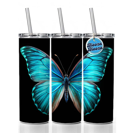Neon Blue Teal Butterfly Skinny Tumbler 20oz with Straw Insulated Water Bottle Gift