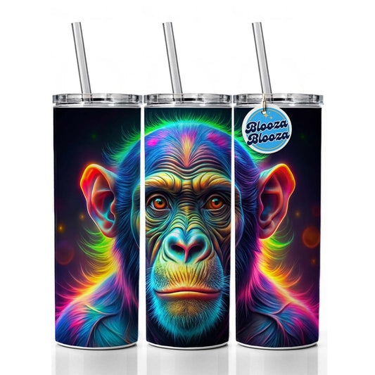 Neon Chimpanzee Monkey Skinny Tumbler 20oz with Straw Insulated Water Bottle Gift