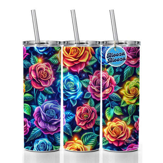 Neon Colorful Rose Floral Pattern Skinny Tumbler 20oz with Straw Insulated Water Bottle Gift